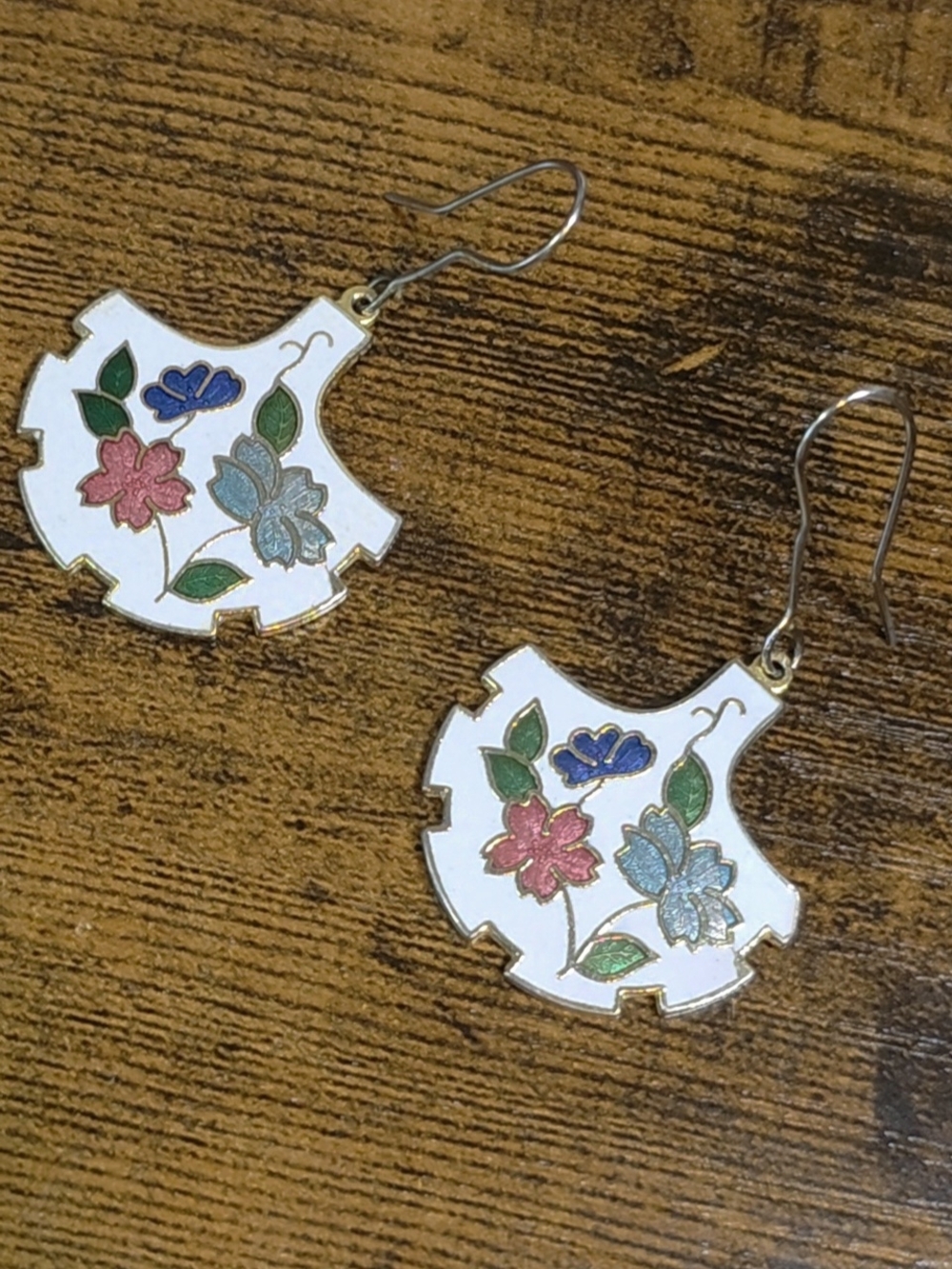 White Enamel Floral Drop Earrings with Pink, Blue & Green Accents